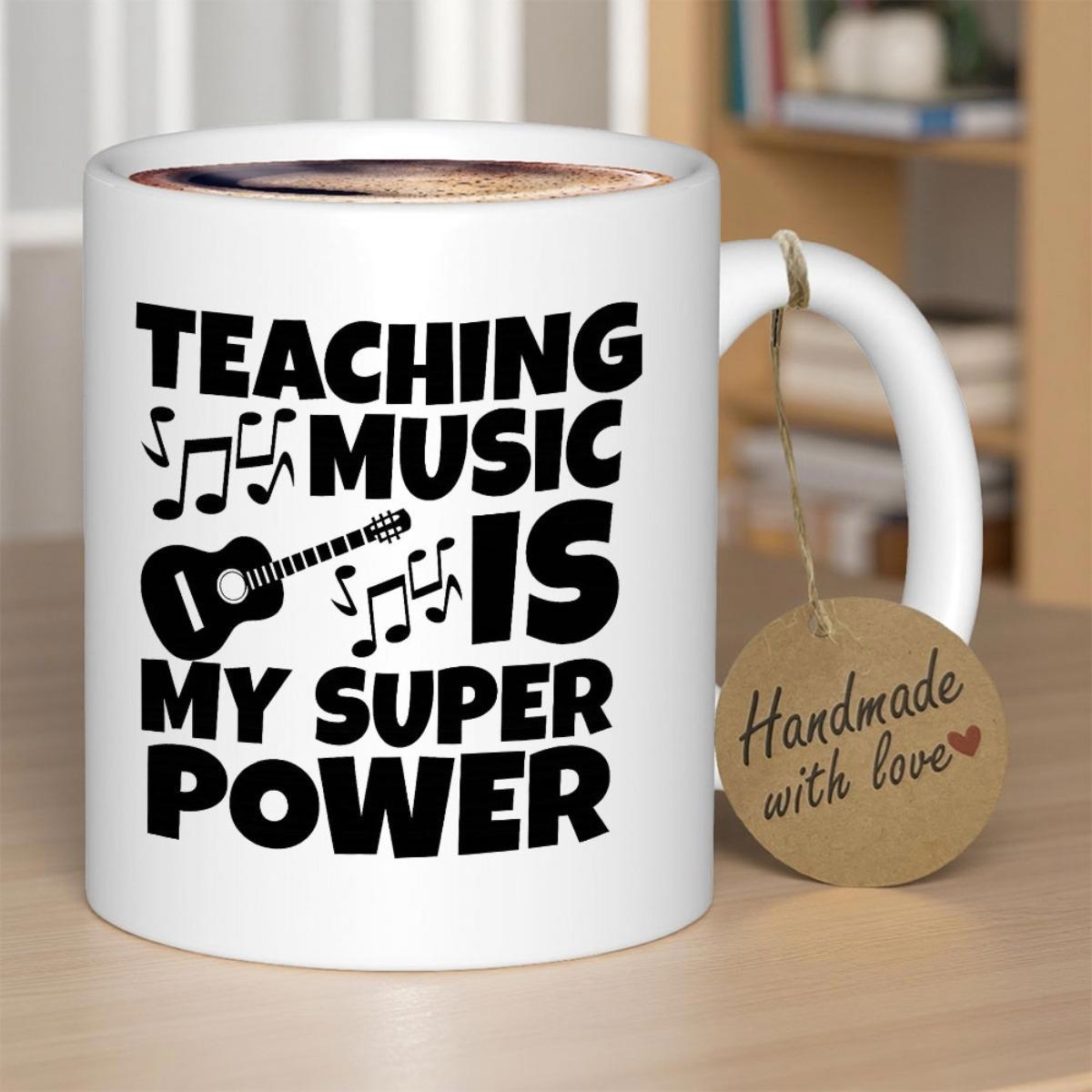 Tailorly White Ceramic 11 oz Mug - Teaching Music Is My Super Power Musical Notes Floating Around A Classic Black Silhouette Acoustic Guitar
