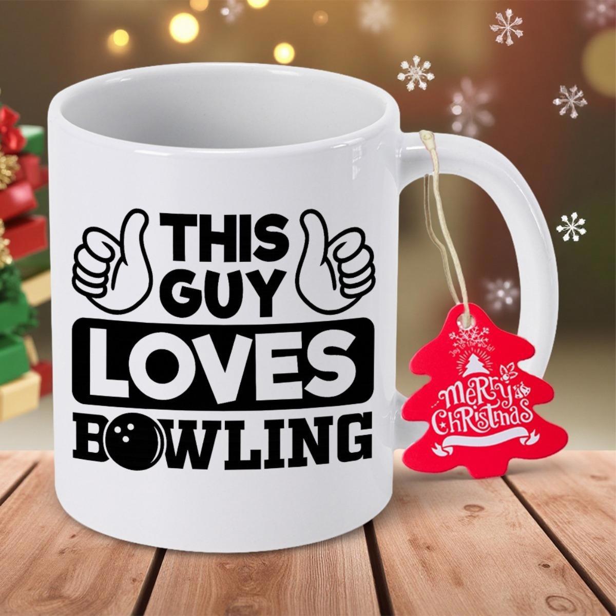 Tailorly White Ceramic 11 oz Mug - This Guy Loves Bowling Bold Black Hands Pointing With Professional Heavy Sports Equipment Bowling