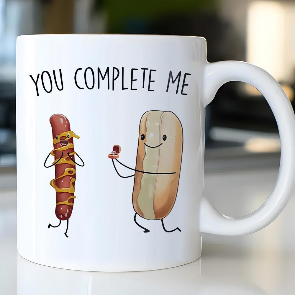 Tailorly White Ceramic 11 oz Mug - You Complete Me Cartoon Hot Dog Bun Proposing Marriage To A Sausage With A Ring Hot Dog