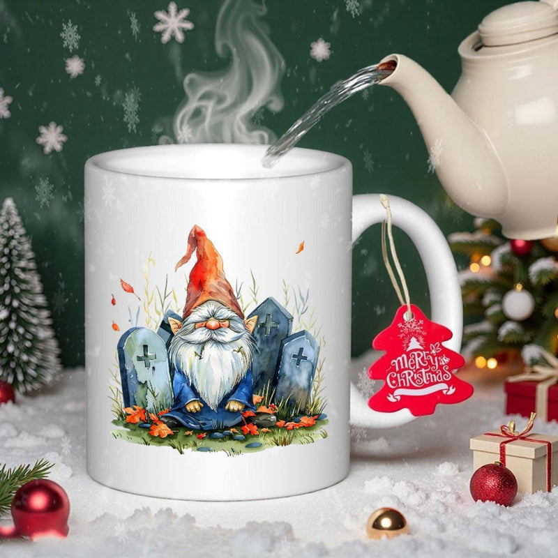 Tailorly White Ceramic 11 oz Mug - Merry Christmas Festive Bearded Figure Sitting Between Weathered Grey Garden Tombstones Gnome