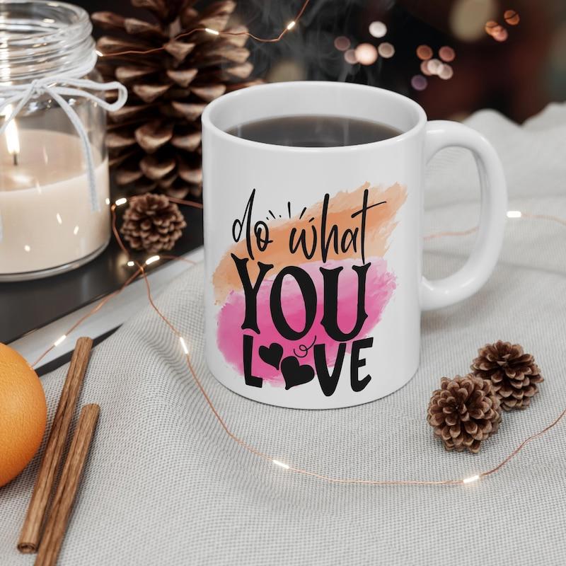 Tailorly White Ceramic 11 oz Mug - Do What You Love Vibrant Watercolor Brush Strokes With Small Hearts On