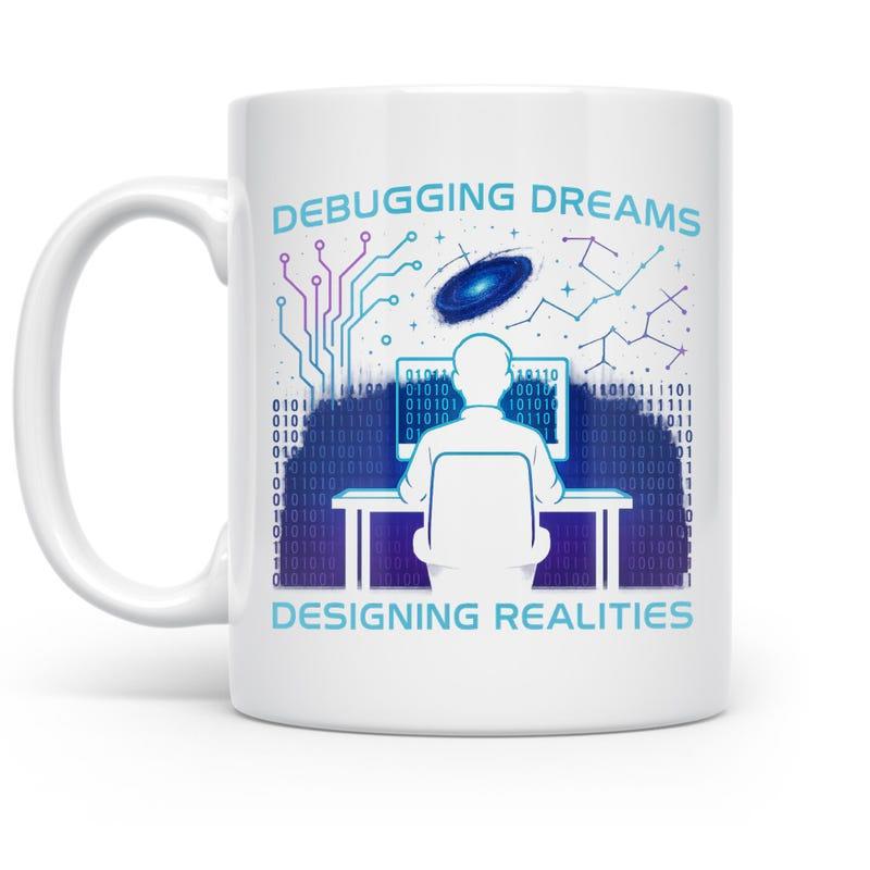 Tailorly White Ceramic 11 oz Mug - Debugging Dreams Designing Realities Silhouetted Tech Enthusiast Working Among Cosmic Galaxy And Digital Circuitry Programmer