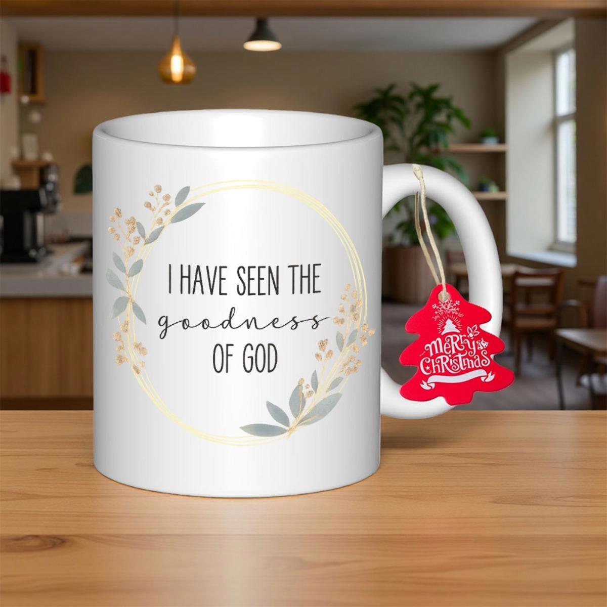 Tailorly White Ceramic 11 oz Mug - I Have Seen The Goodness Of God Merry Christmas Delicate Botanical Wreath With Elegant Golden Leaves Surrounding Inspirational