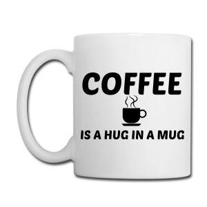 Tailorly White Ceramic 11 oz Mug - Coffee Is A Hug In A Mug Minimalist Black Ink Silhouette Of Steaming Beverage On Flat Saucer Mug