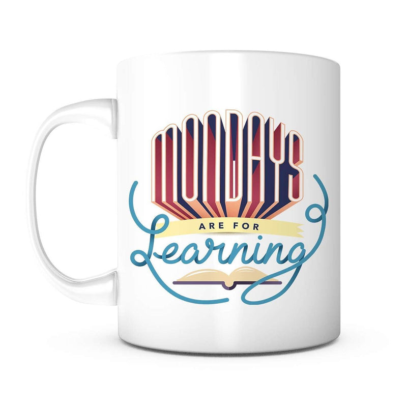 Tailorly White Ceramic 11 oz Mug - Mondays Are For Learning Creative Retro Text With Ribbon And Open Book Illustration Mug