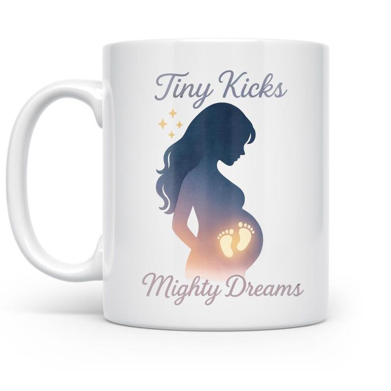 Tailorly White Ceramic 11 oz Mug - Tiny Kicks Mighty Dreams Graceful Pregnant Silhouette With Glowing Baby Footprints Under Glistening Stars Woman