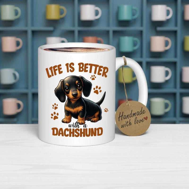Tailorly White Ceramic 11 oz Mug - Life Is Better With A Dachshund Adorable Small Brown Puppy Sitting Among Tiny Paw Prints Dachshund