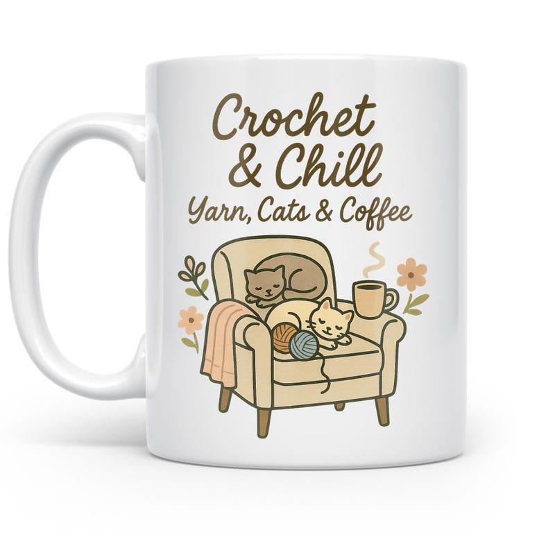 Tailorly White Ceramic 11 oz Mug - Crochet Chill Yarn Cats Coffee Cozy Armchair With Sleeping Cats And Warm Yarn Armchair