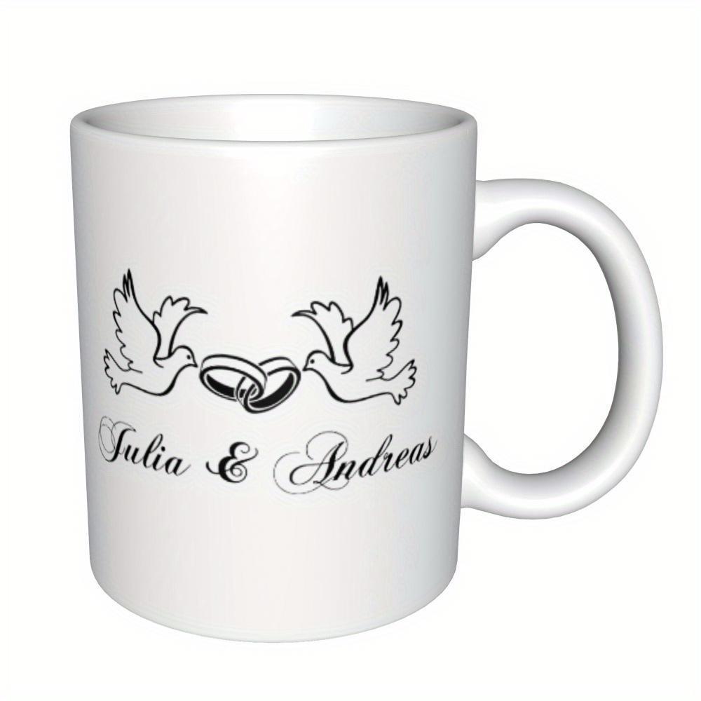 Tailorly White Ceramic 11 oz Mug - Julia Andreas Two Flying Doves Holding Interlocking Wedding Rings On Minimal Background Dove