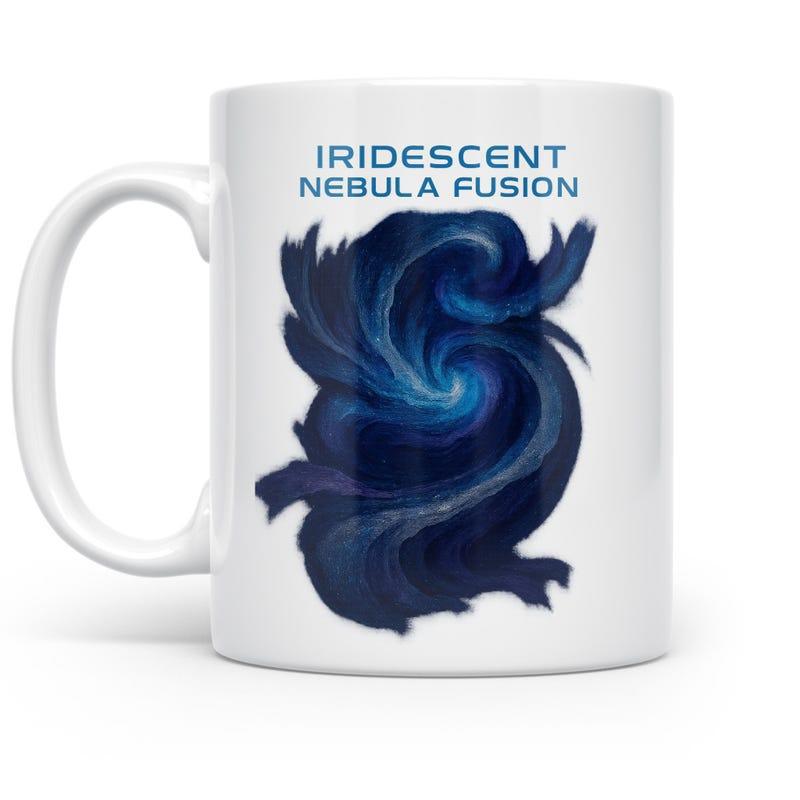Tailorly White Ceramic 11 oz Mug - Iridescent Nebula Fusion Swirling Deep Blue Cosmic Space Pattern With Radiant Galactic Energy Motion Nebula