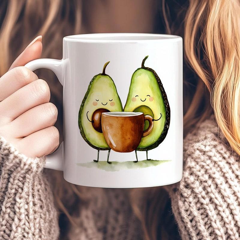 Tailorly White Ceramic 11 oz Mug - Two Smiling Cartoon Characters Sharing A Warm Cup Of Coffee Avocado
