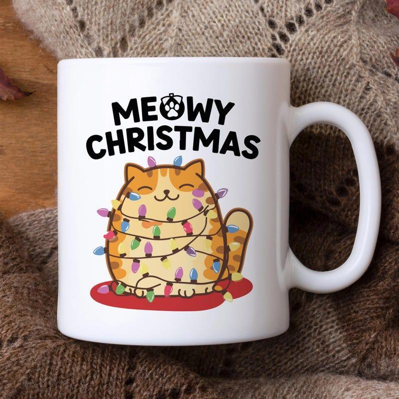 Tailorly White Ceramic 11 oz Mug - Meowy Christmas Adorable Round Orange Tabby Wrapped In Colorful Holiday Fairy Lights Cat