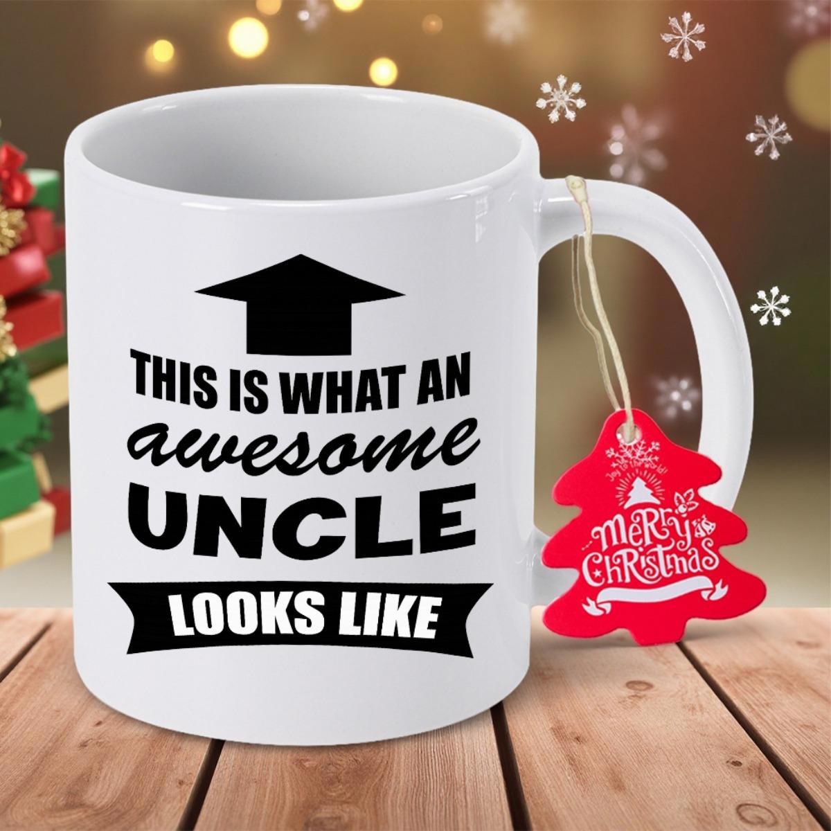 Tailorly White Ceramic 11 oz Mug - This Is What An Awesome Uncle Looks Like Bold Black Lettering With Decorative Upward Arrow And Sleek Ribbon Banner Sign