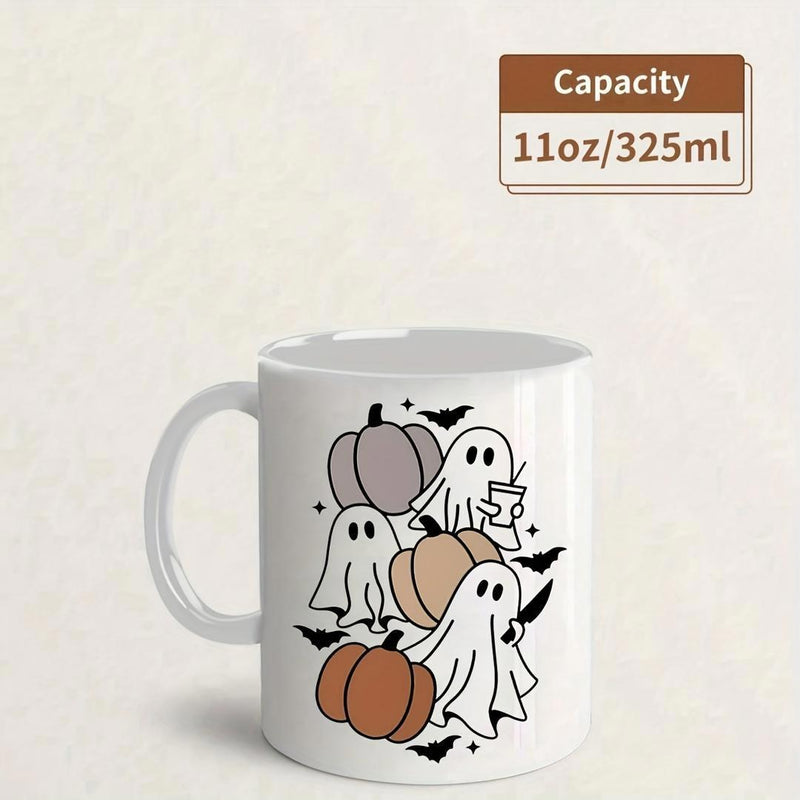 Tailorly White Ceramic 11 oz Mug - Cute Spooky Ghosts Dancing Among Festive Autumn Harvest Pumpkins And Bats Ghost