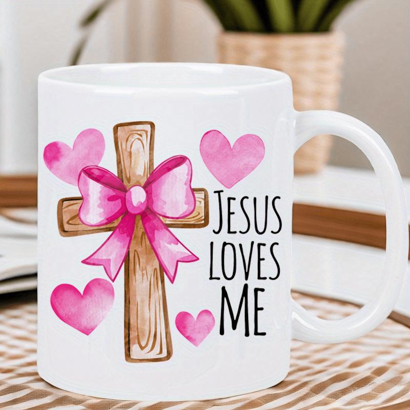 Tailorly White Ceramic 11 oz Mug - Jesus Loves Me Hand Painted Wooden Cross Adorned With Pink Bow And Soft Watercolor Hearts Cross