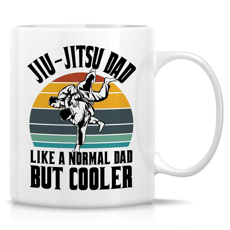 Tailorly White Ceramic 11 oz Mug - Jiu Jitsu Dad Like A Normal Dad But Cooler Retro Colorful Sunset With Two Strong Silhouetted Grappling Figures Martial Artist