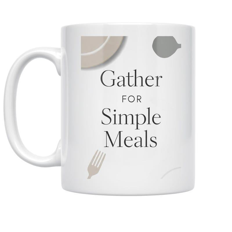 Tailorly White Ceramic 11 oz Mug - Gather For Simple Meals Minimalist Kitchen Utensils With Fork And Pot Among Round Plate