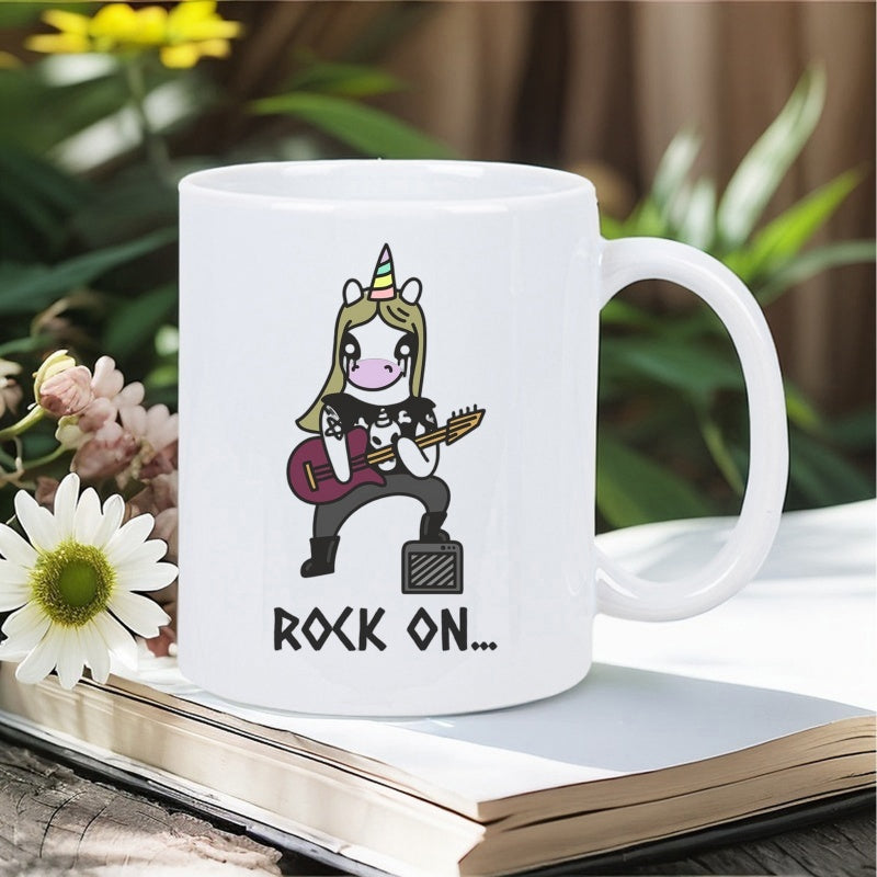 Tailorly White Ceramic 11 oz Mug - Rock On Cartoon Rocker Character Playing Electric Guitar Standing On Stage Gear Unicorn
