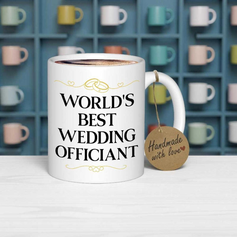 Tailorly White Ceramic 11 oz Mug - Worlds Best Wedding Officiant Featuring Golden Intertwined Wedding Rings With Elegant Text Mug