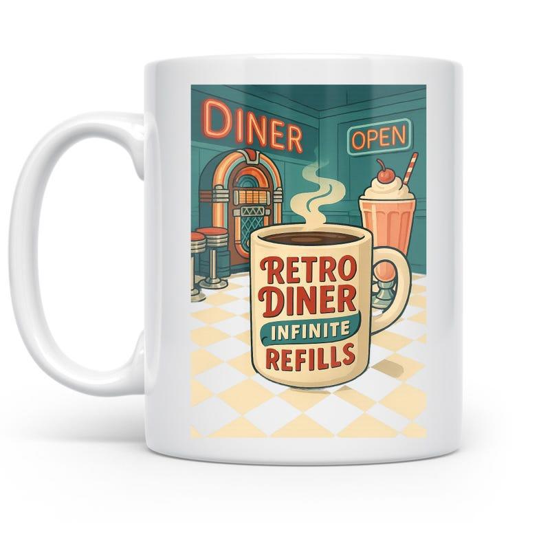 Tailorly White Ceramic 11 oz Mug - Diner Open Retro Diner Infinite Refills Nostalgic Vintage Scene With Jukebox And Milkshake Under Neon Lights Mug