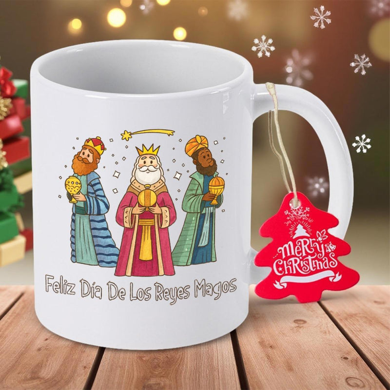 Tailorly White Ceramic 11 oz Mug - Merry Christmas Three Traditional Wise Men Wearing Crowns Holding Gifts Standing Together Magi