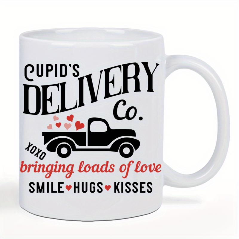 Tailorly White Ceramic 11 oz Mug - Cupids Delivery Co Xoxo Bringing Loads Of Love Smile Hugs Kisses Vintage Silhouette Carrying Red Hearts Among Romantic And