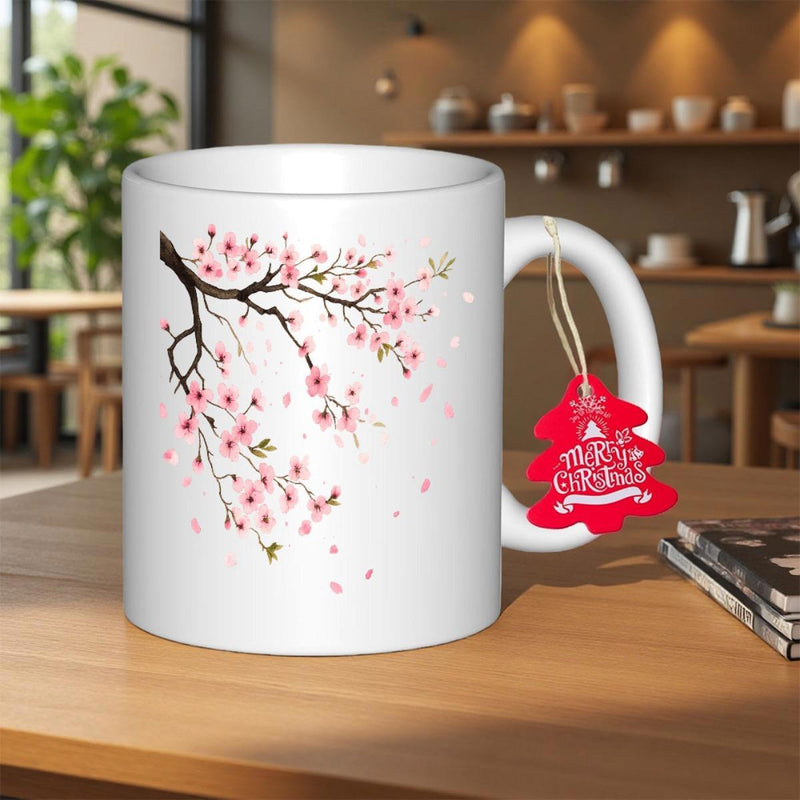 Tailorly White Ceramic 11 oz Mug - Merry Christmas Delicate Pink Branches With Falling Petals Under Soft Light Cherry Blossom