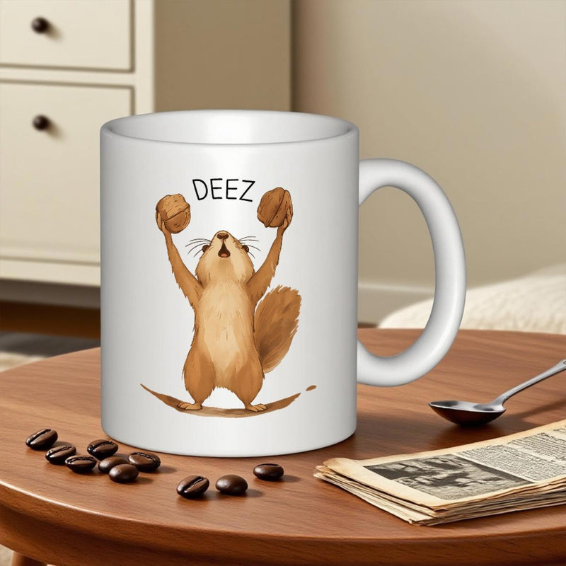 Tailorly White Ceramic 11 oz Mug - Deez Adorable Fluffy Woodland Animal Raising Arms With Two Round Walnuts Squirrel