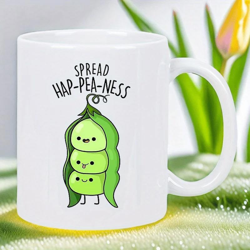 Tailorly White Ceramic 11 oz Mug - Spread Hap Pea Ness Smiling Little Green Peas Tucked Inside A Beautiful Vibrant Peapod