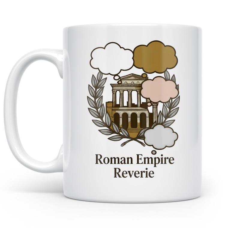 Tailorly White Ceramic 11 oz Mug - Roman Empire Reverie Ancient Classical Ruins With Laurel Wreaths And Floating Thought Bubbles Architecture