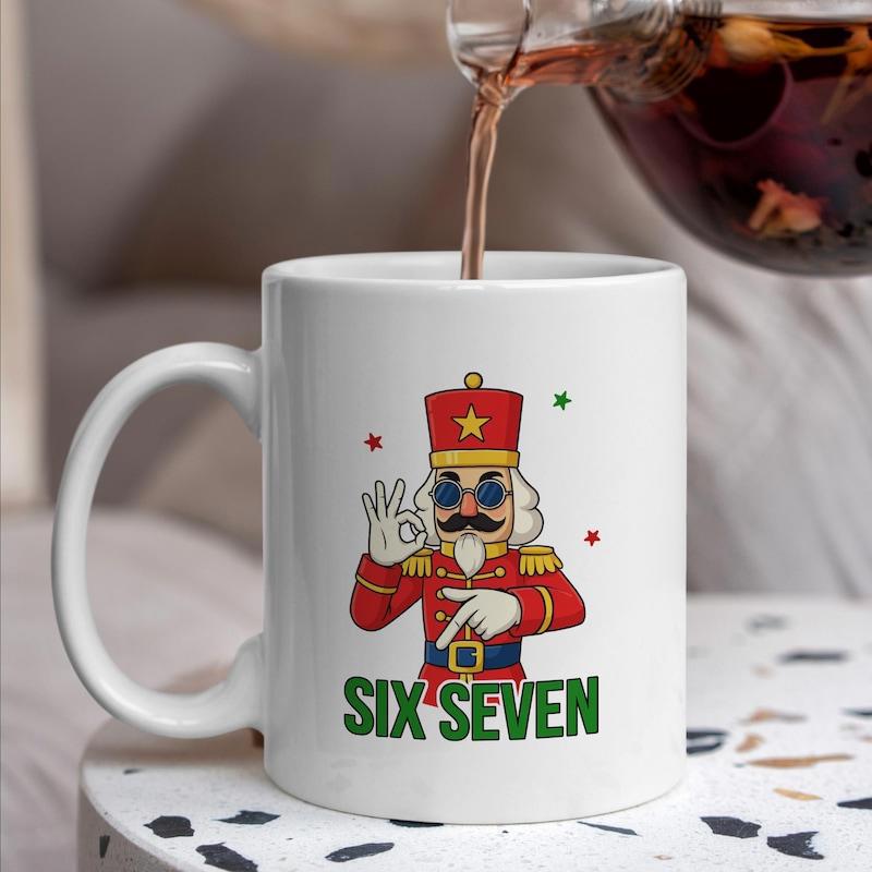 Tailorly White Ceramic 11 oz Mug - Six Seven Cartoon Festive Soldier With Sunglasses Wearing Red Uniform And Gold Star Nutcracker