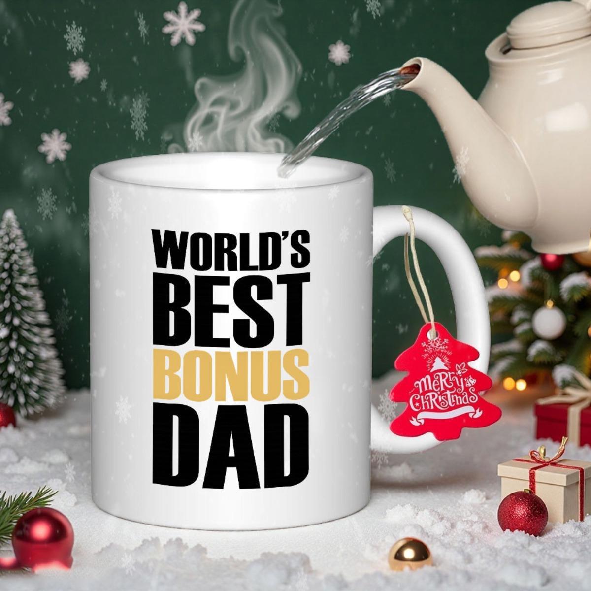 Tailorly White Ceramic 11 oz Mug - Worlds Best Bonus Dad Steaming Hot Water Pouring Into A Minimalist Ceramic Festive Christmas Mug
