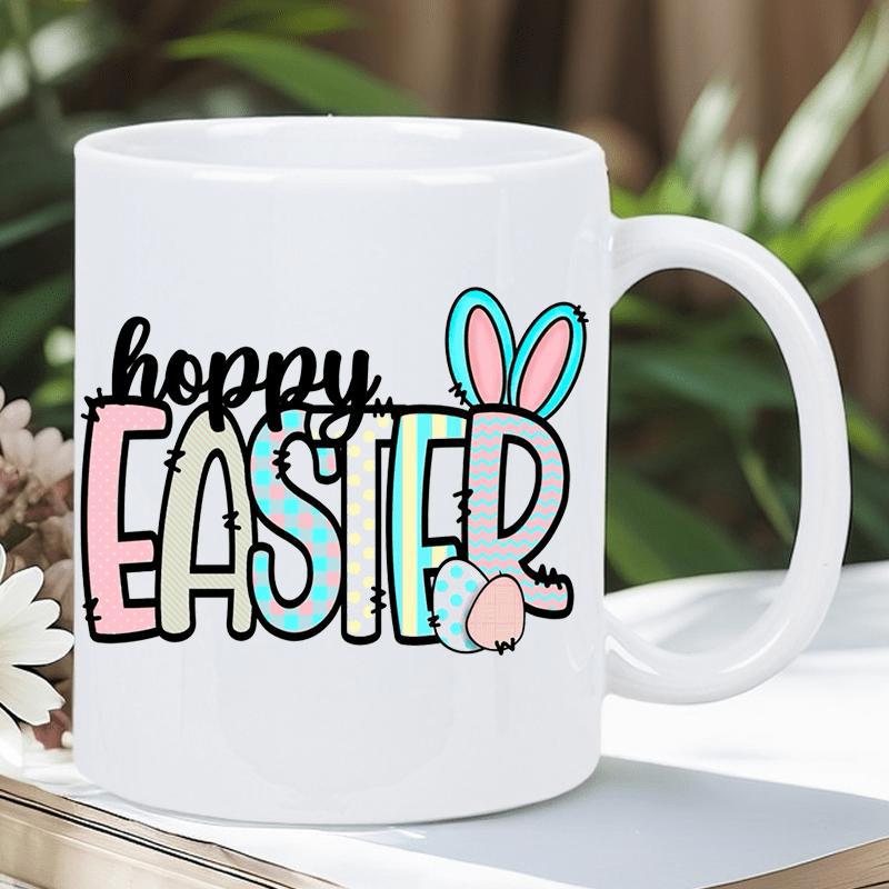 Tailorly White Ceramic 11 oz Mug - Hoppy Easter Playful Colorful Letters With Bunny Ears And Hidden Pastel Eggs Bunny