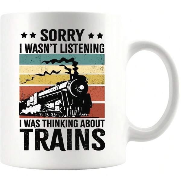 Tailorly White Ceramic 11 oz Mug - Sorry I Wasnt Listening I Was Thinking About Trains Vintage Steam Locomotive Moving Fast Against A Retro Striped Sunset