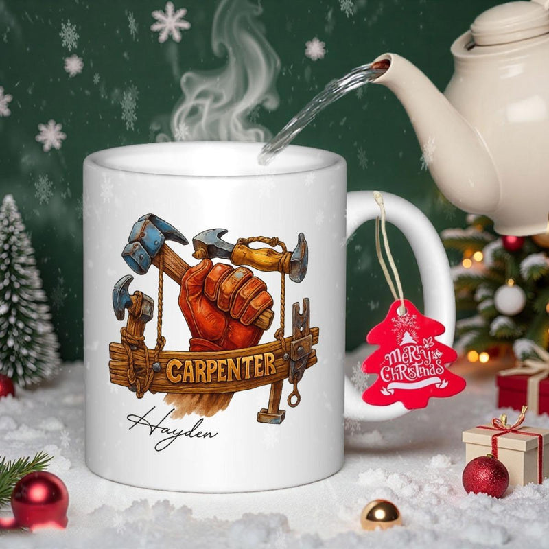 Tailorly White Ceramic 11 oz Mug - Carpenter Hayden Strong Fist Holding Hammer Among Various Classic Woodworking Hand Tools Carpenter
