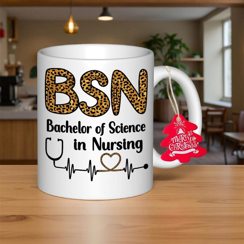 Tailorly White Ceramic 11 oz Mug - Bsn Bachelor Of Science In Nursing Leopard Pattern Letters Featuring Medical Stethoscope Heartbeat Heart Line Stethoscope