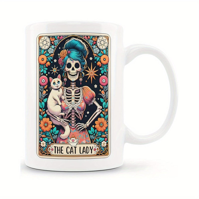 Tailorly White Ceramic 11 oz Mug - The Cat Lady Intricate Floral Frame Surrounding A Day Of The Dead Woman Skeleton