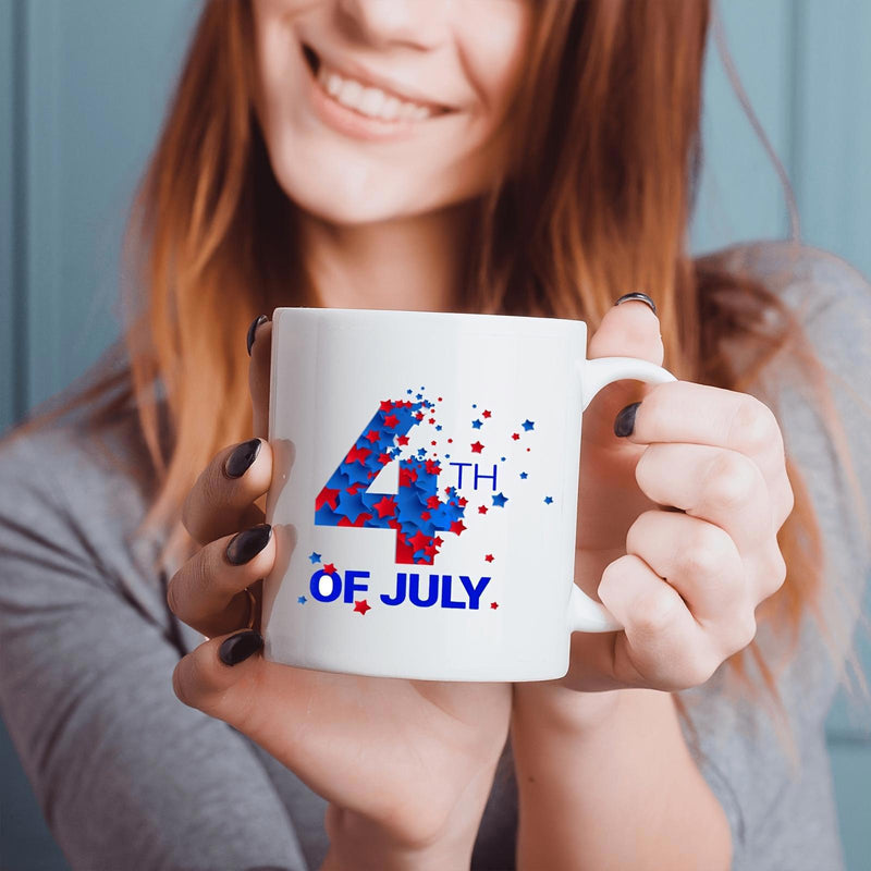Tailorly White Ceramic 11 oz Mug - 4th Of July Patriotic Celebration Pattern With Red And Blue Stars And Festive Splatters Number