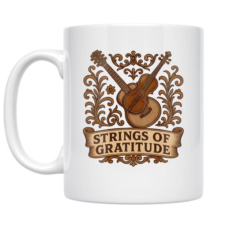 Tailorly White Ceramic 11 oz Mug - Strings Of Gratitude Crossed Acoustic Instruments With Vintage Ornate Scrollwork And Decorative Guitar