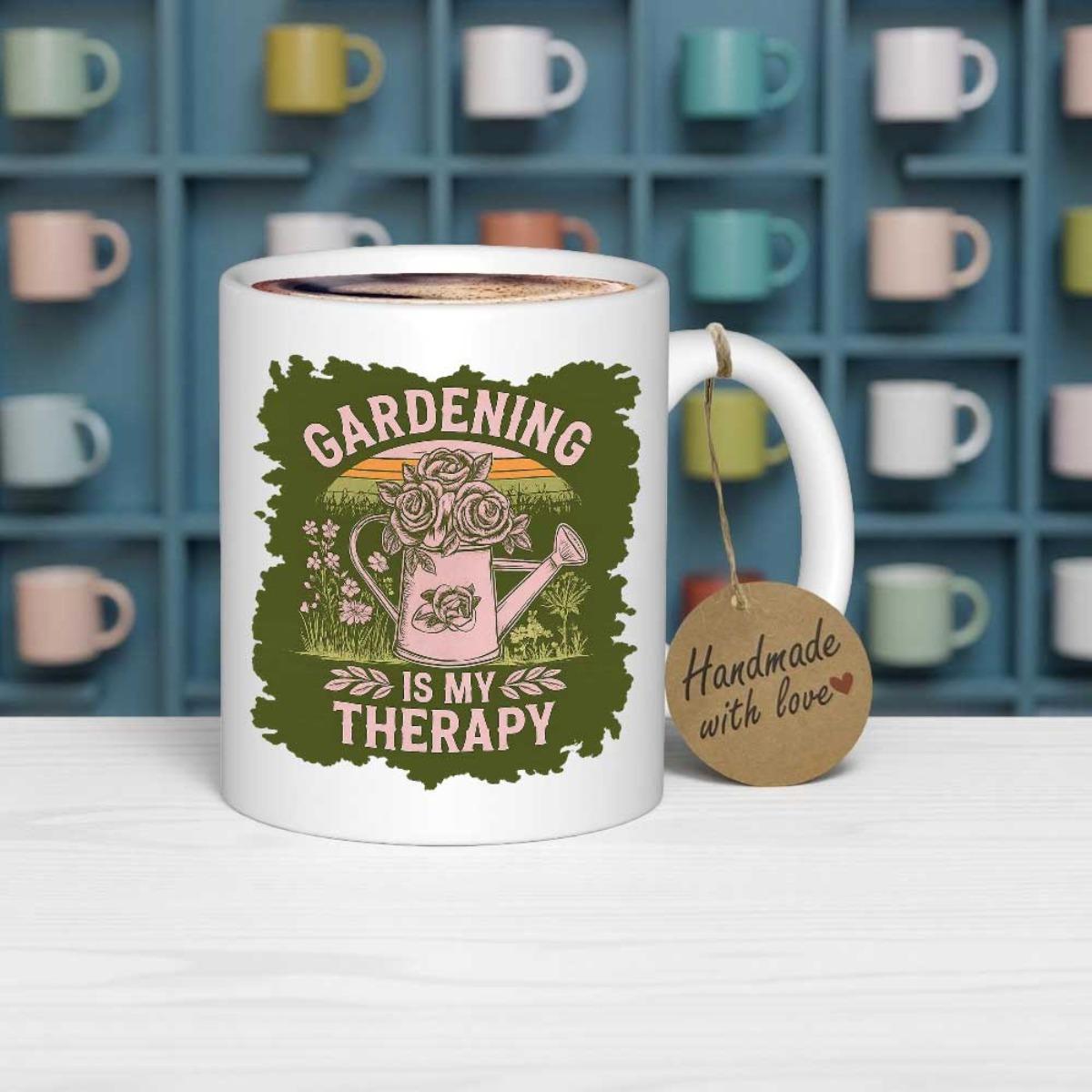 Tailorly White Ceramic 11 oz Mug - Gardening Is My Therapy Lush Green Garden Scenery With A Pink Watering Can Holding Flowers Watering Can