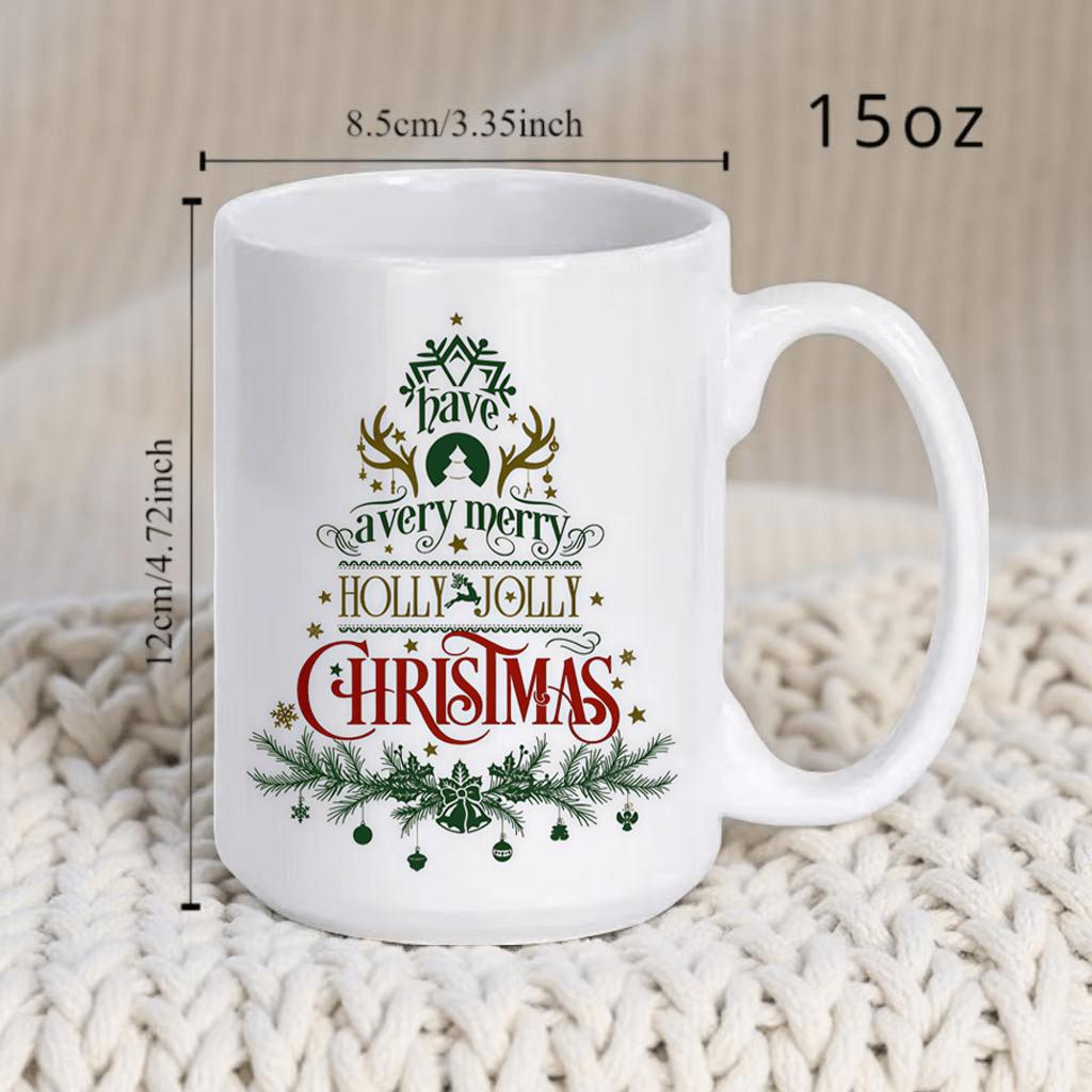 Tailorly White Ceramic 11 oz Mug - Have A Very Merry Holly Jolly Christmas Festive Holiday Typography Formed Into A Decorative Winter Pine Branch Silhouette Tree