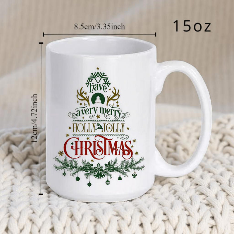 Tailorly White Ceramic 11 oz Mug - Have A Very Merry Holly Jolly Christmas Festive Holiday Typography Formed Into A Decorative Winter Pine Branch Silhouette Tree