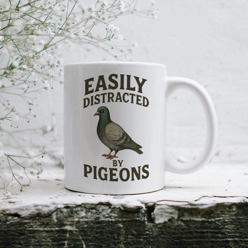Tailorly White Ceramic 11 oz Mug - Easily Distracted By Pigeons Detailed Realistic Bird Standing Calmly In A Natural Outdoor Setting Pigeon