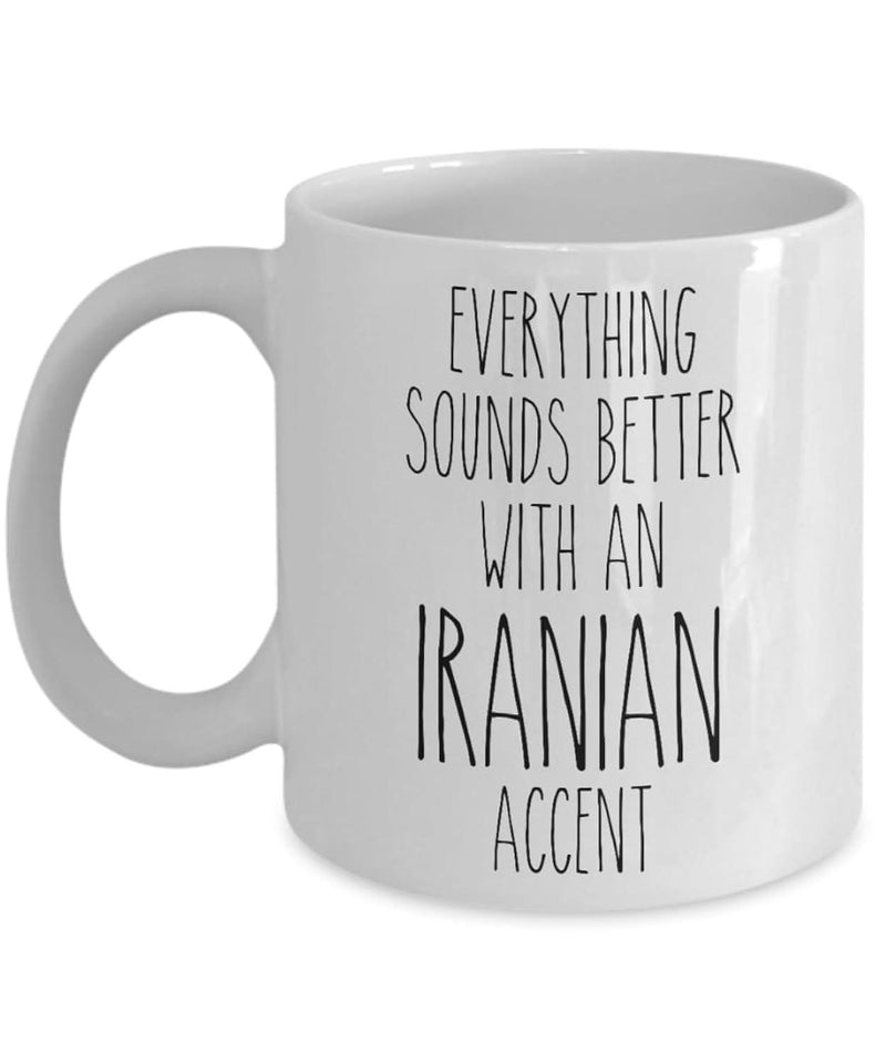 Tailorly White Ceramic 11 oz Mug - Everything Sounds Better With An Iranian Accent Minimalist White Ceramic Vessel Displaying Elegant Thin Black Hand Drawn
