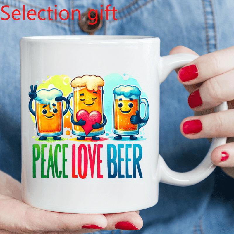 Tailorly White Ceramic 11 oz Mug - Peace Love Beer Three Cheerful Cartoon Characters With Smiling Faces And Heart Beer