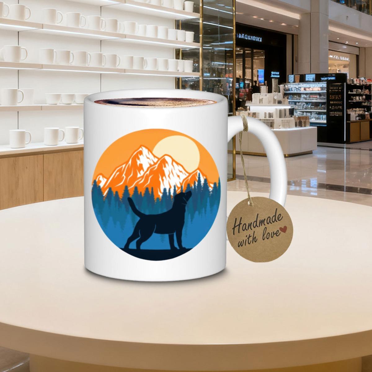 Tailorly White Ceramic 11 oz Mug - Handmade With Love Majestic Mountains And Dense Pine Forest Under A Glowing Golden Sun Dog