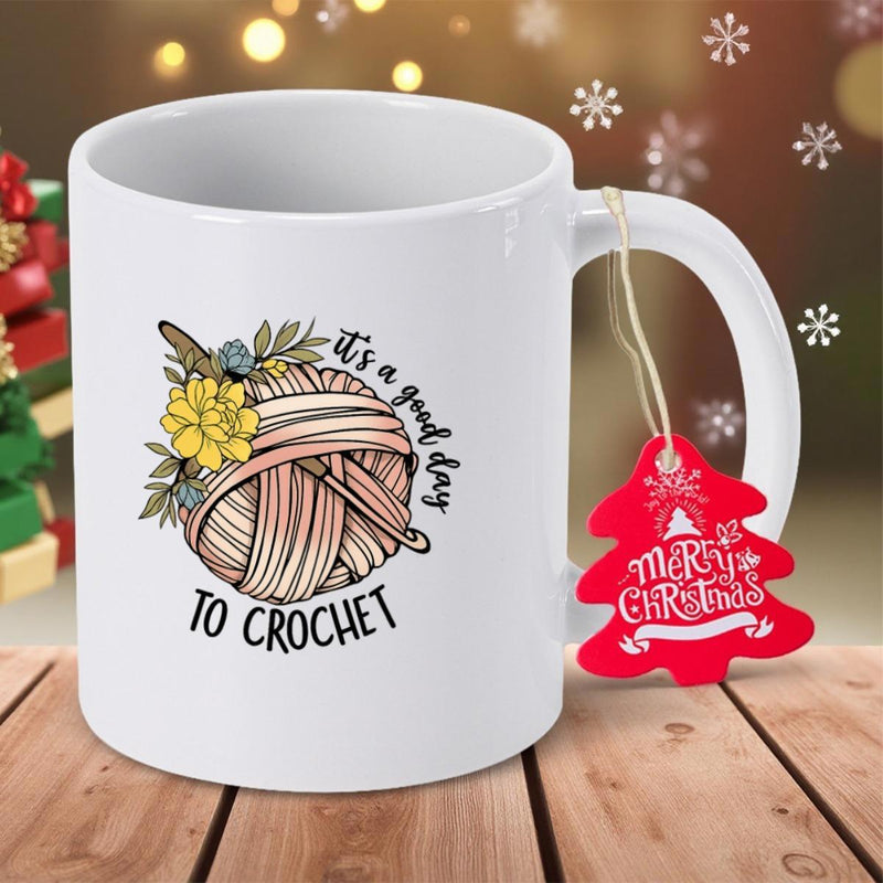 Tailorly White Ceramic 11 oz Mug - Its A Good Day To Crochet Handcrafted Soft Textured Wool Ball Decorated With Blooming Yellow Flower And Leaves Yarn