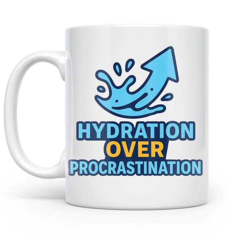 Tailorly White Ceramic 11 oz Mug - Hydration Over Procrastination Rising Blue Motif Situated On A Dynamic Fluid Water Splash Arrow