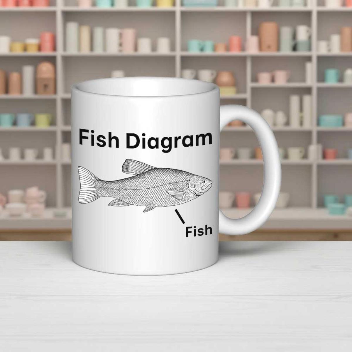 Tailorly White Ceramic 11 oz Mug - Fish Diagram Fish Minimalist Detailed Scientific Illustration Of A Swimming Wild Animal Fish