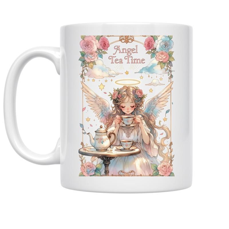 Tailorly White Ceramic 11 oz Mug - Angel Tea Time Enchanting Winged Figure Sipping Tea Amidst Blooming Roses Angel